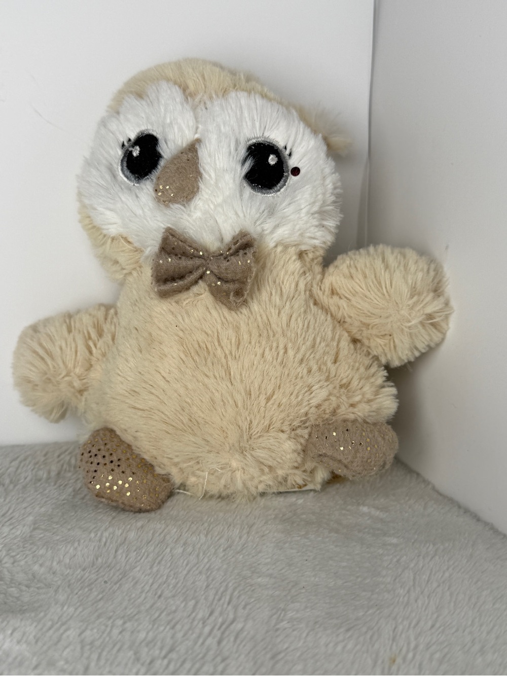 MTY International Tan Owl Plush Stuffed Animal Bow Tie Gold Glitter Eyes 8" NWT